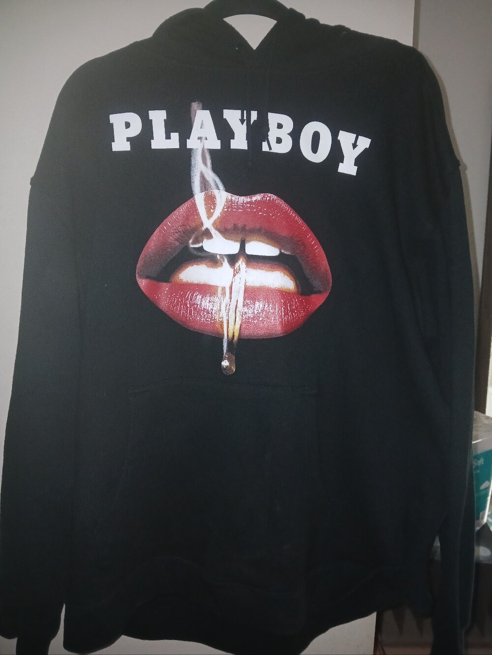 PLAYBOY Black Hoodie with Red Lip Graphic
